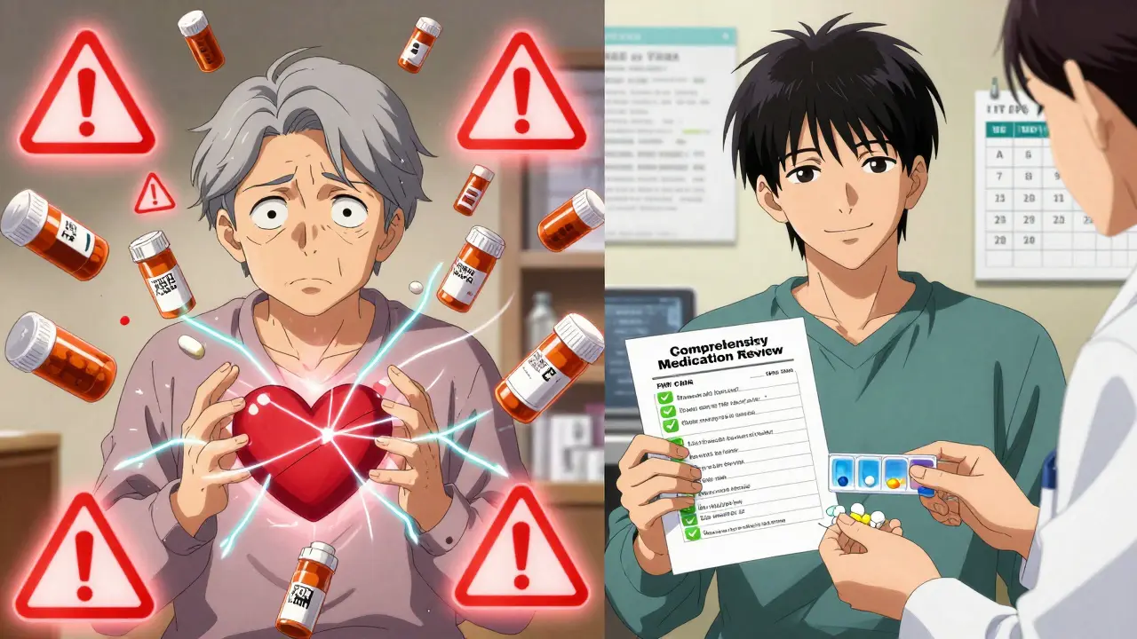 Before and after scene: chaotic pills vs. organized meds with green checkmarks after a medication review.
