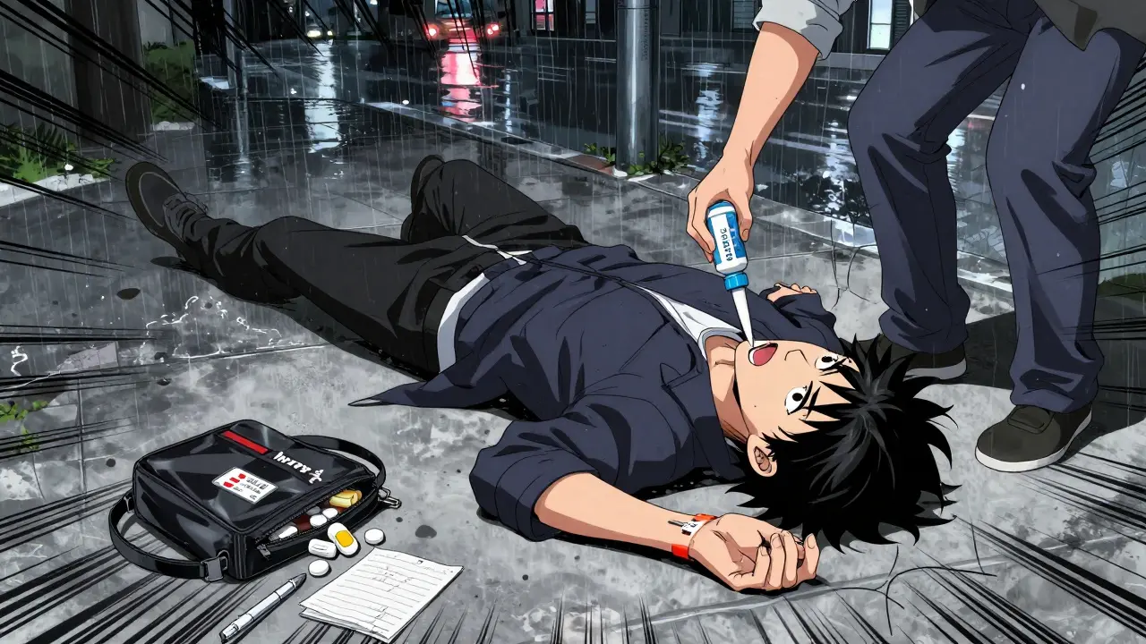 Bystander giving glucagon nasal spray to person collapsing on street.