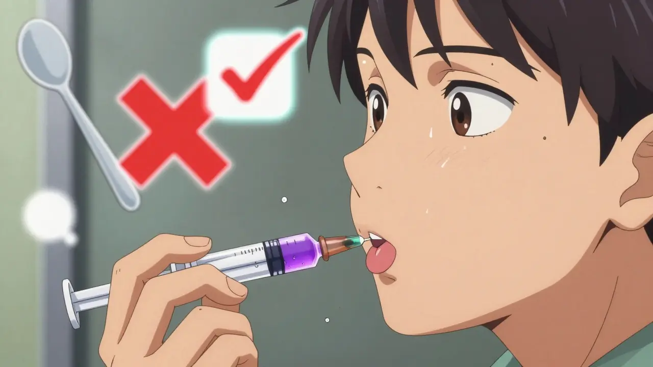 Close-up of a child’s cheek as medicine is slowly administered with a color-coded syringe.