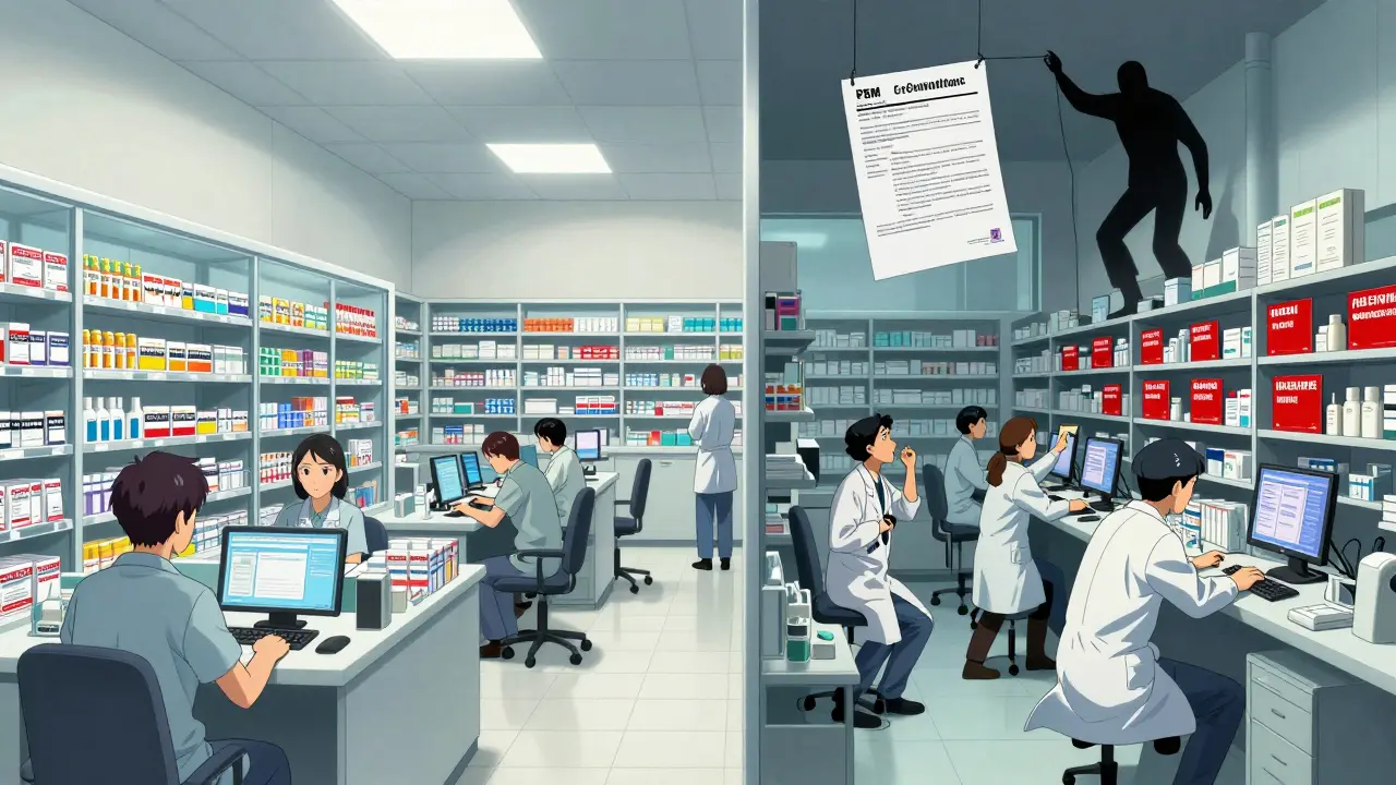 Contrast between organized Canadian drug stockpiles and chaotic U.S. pharmacy shortages with PBM contracts looming.