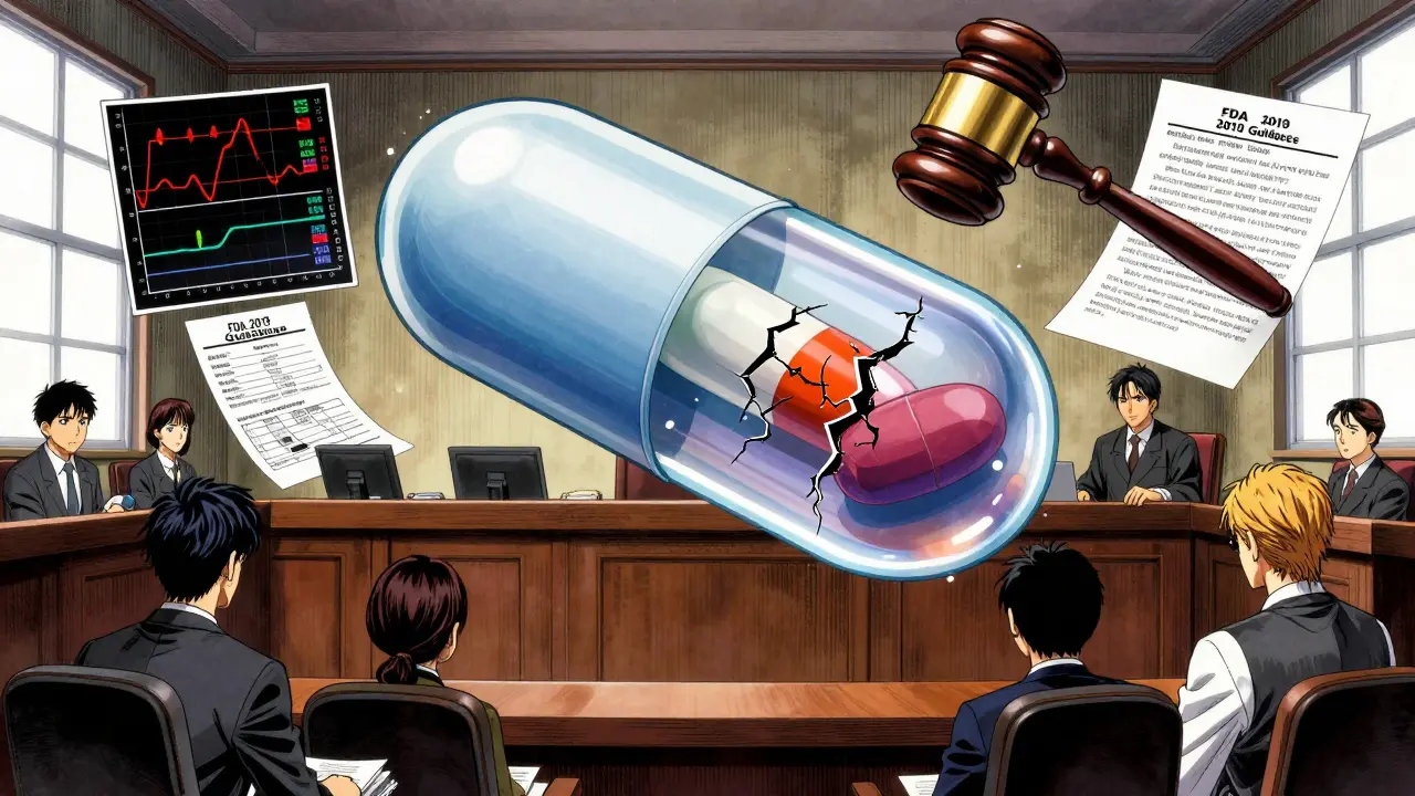 Courtroom scene with a cracked combination pill floating above, legal documents and patient data swirling around.