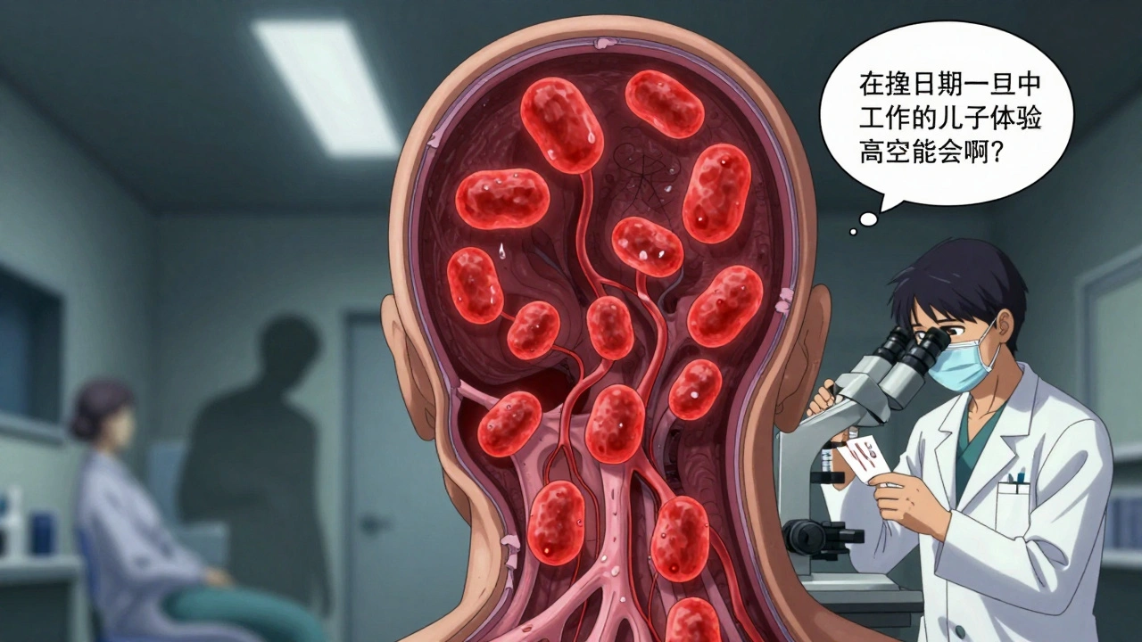 Cross-section of head showing inflamed glands with doctor examining biopsy in medical room.