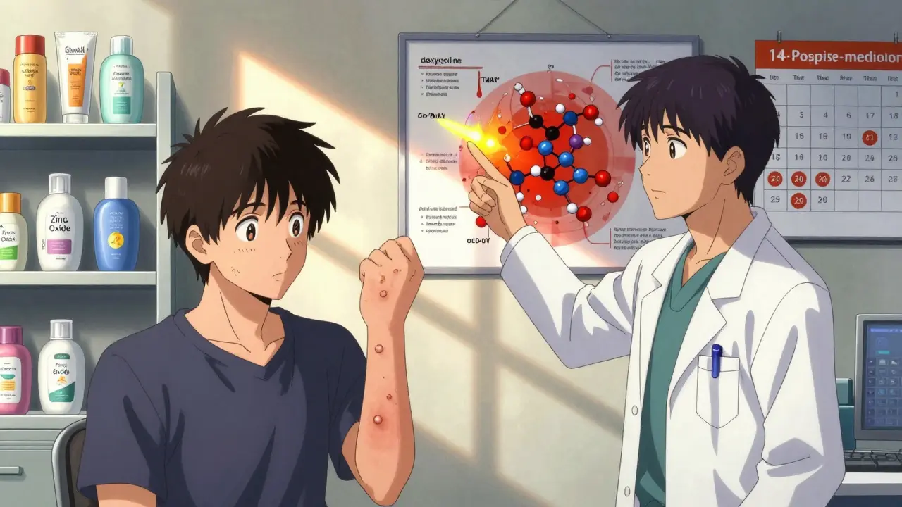 Dermatologist explaining antibiotic-induced photosensitivity using a diagram of UV absorption and skin damage.