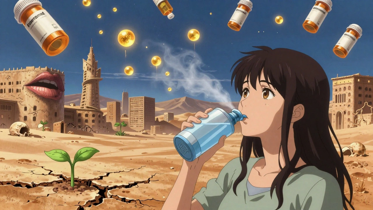 Desert city of dry body parts under raining medicine, woman holding humidifier with new growth.