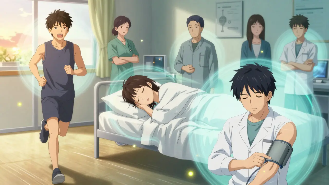 Diverse patients with halos of reduced heart and kidney strain, glucose particles drifting away like fireflies, conveying improved health.