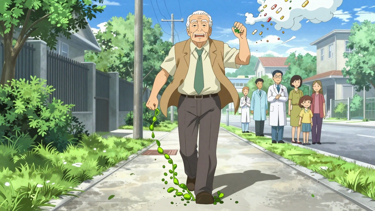 Elderly man walking confidently with no pills, symbolizing recovery and vitality.