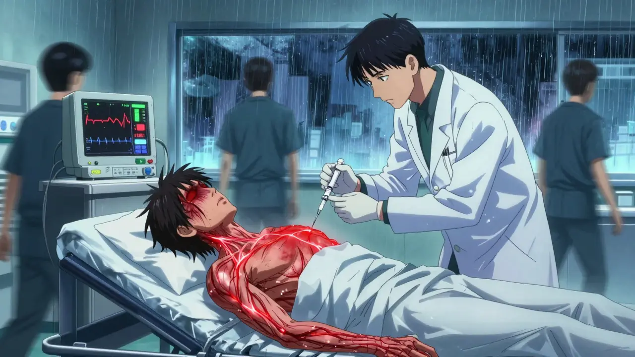 Emergency room scene with patient in anaphylaxis receiving epinephrine injection.