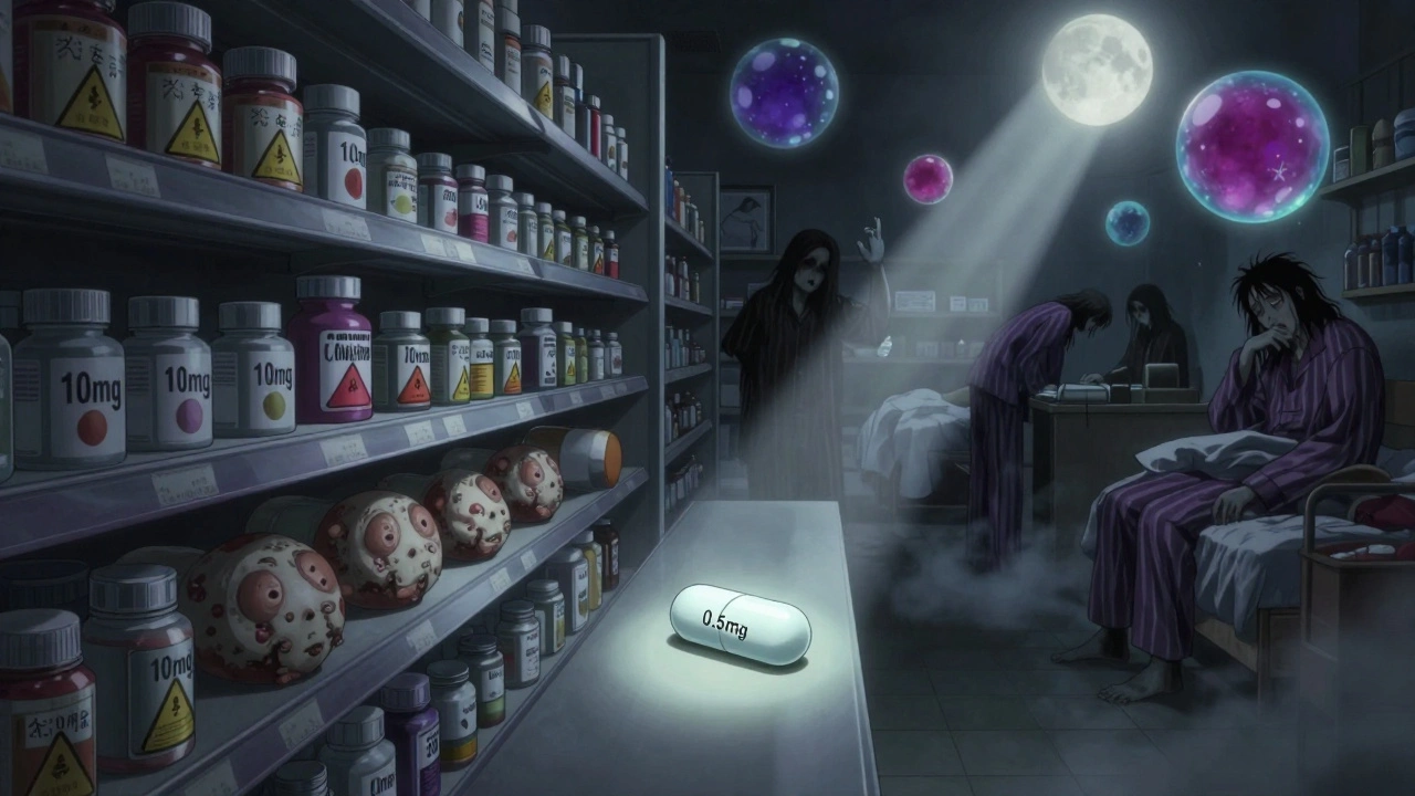Giant overdosed melatonin pills on shelf, with one small glowing tablet lit by moonlight.