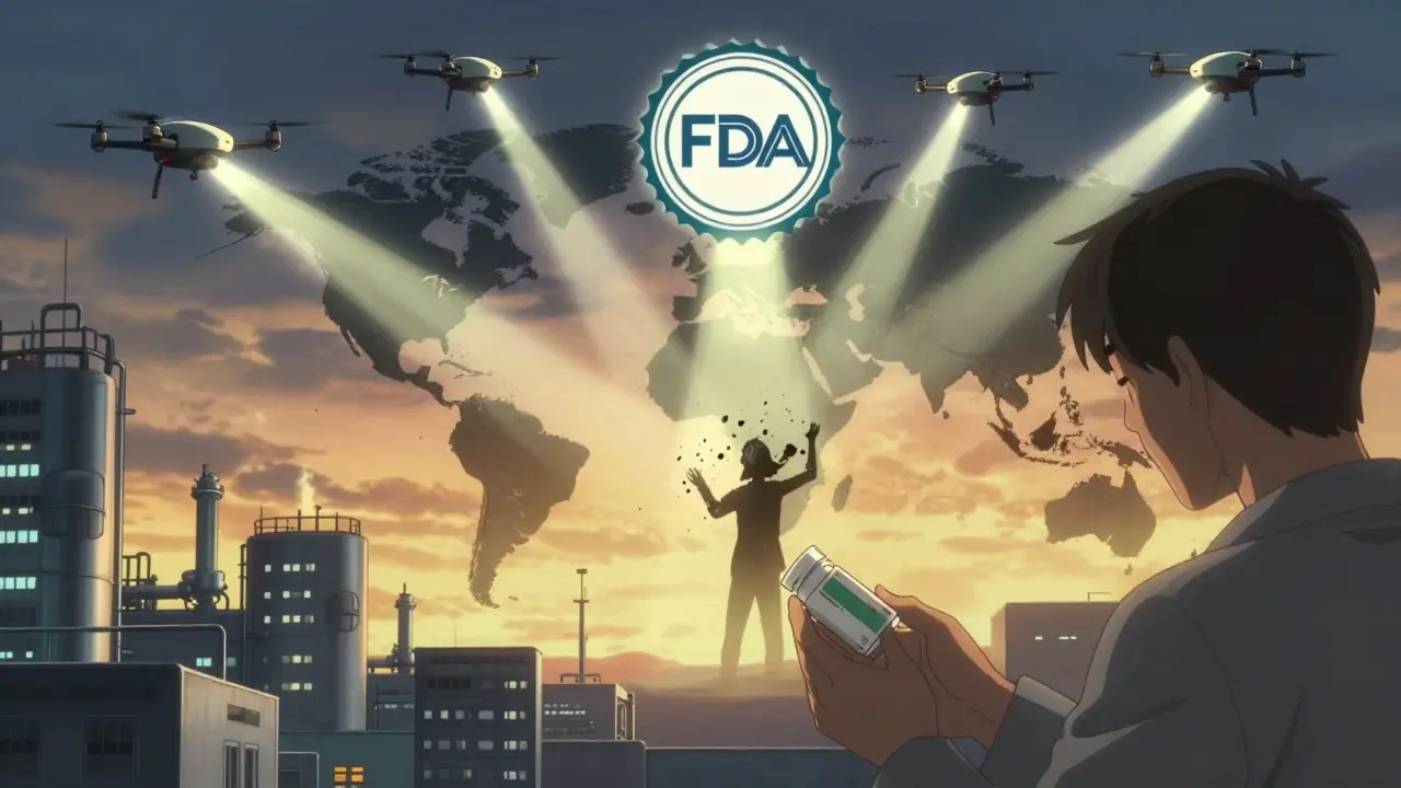 Global inspection drones converge on a FDA approval seal above a world map, patient picks up generic medication.