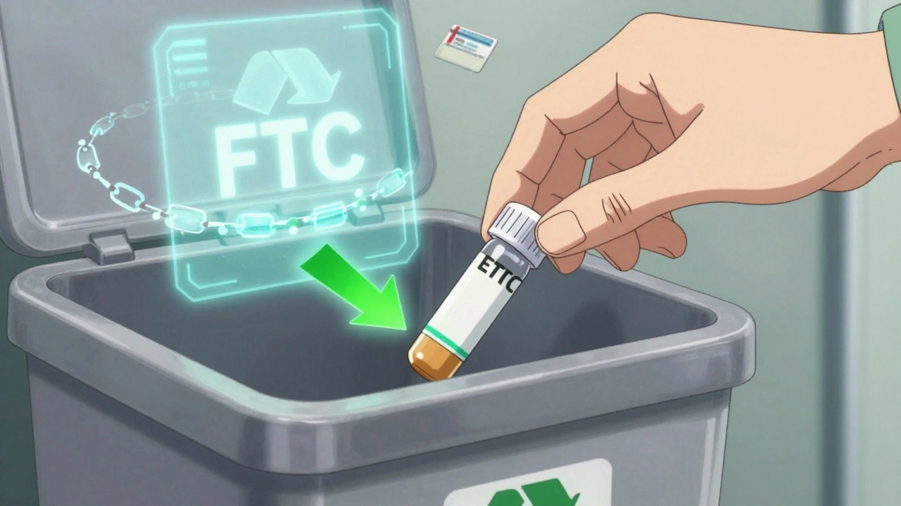 Hand placing expired medication into pharmacy take-back bin with blockchain and FTC symbols in background.