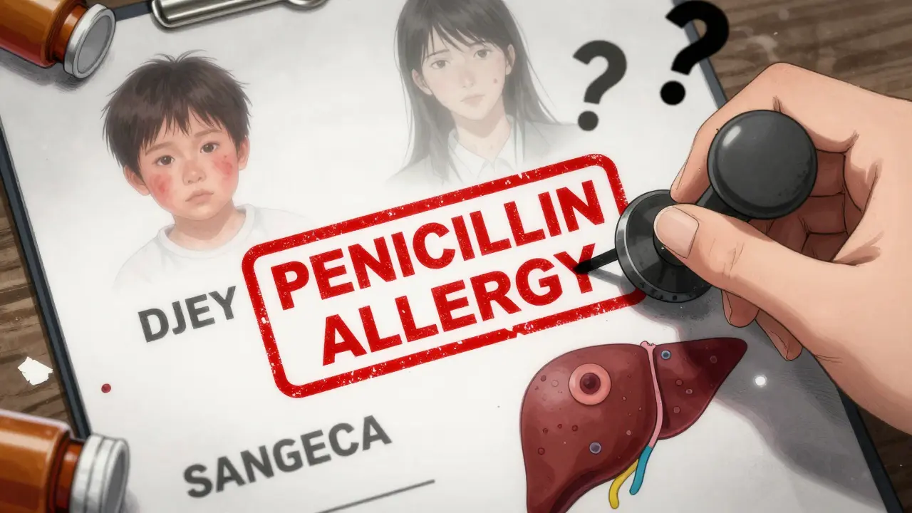 Medical chart with crossed-out penicillin allergy label and symbolic health icons.