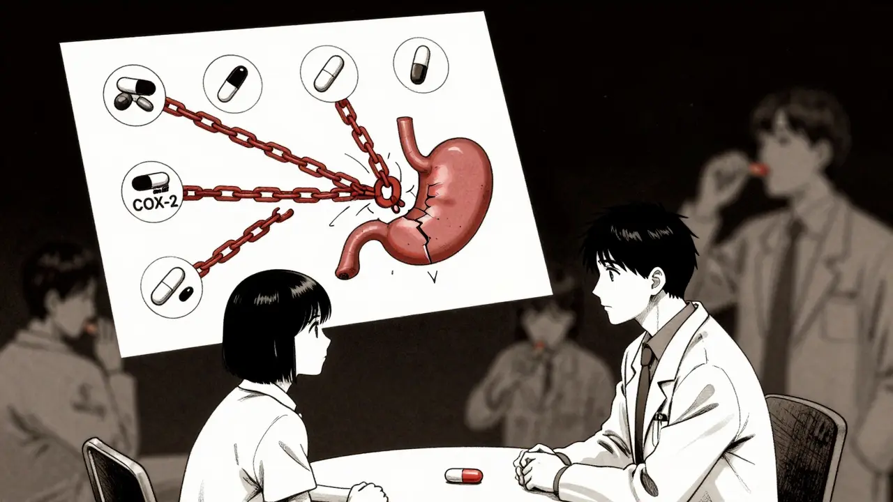 Medical icons are chained to a shattered stomach as a doctor and patient discuss treatment options.