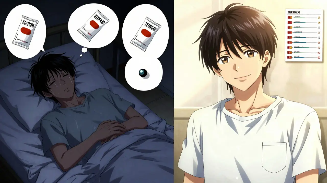 Patient at night feeling unwell, then later at peace with stable health metrics glowing nearby.