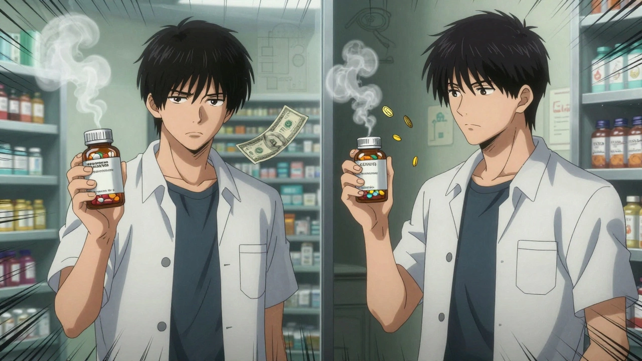 Patient facing mirror: one side stressed with brand bottle, other calm with generic, pills identical inside.