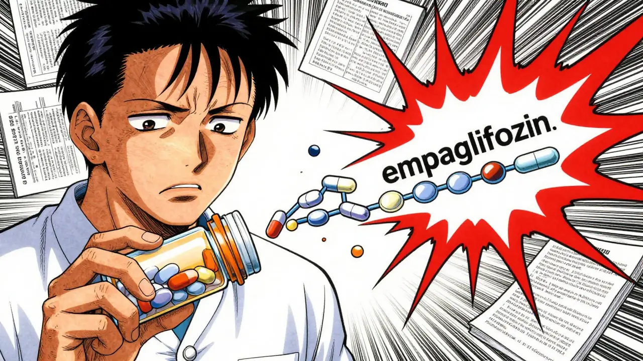 Patient holding pill bottle as drug components split into safe and dangerous paths with warning lines radiating outward.