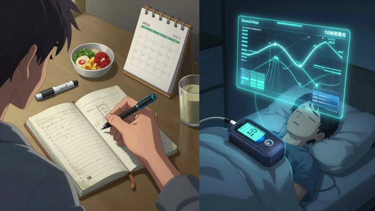 Patient logging blood sugar data while futuristic insulin pump projects data at night.