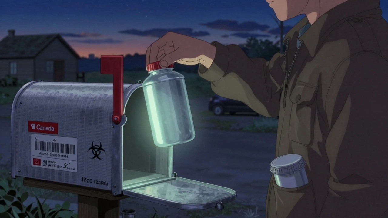 Person dropping sealed sharps container into a mailbox at dusk