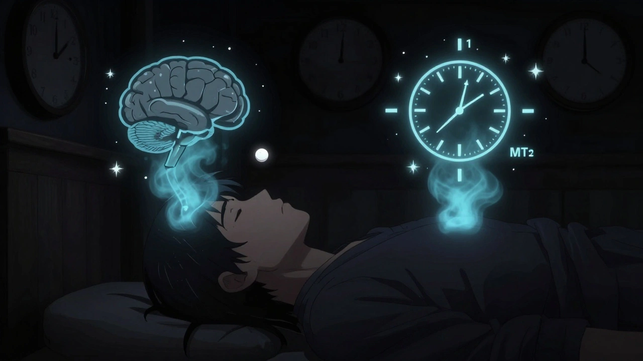 Person in darkness with floating 0.5mg melatonin tablet and glowing brain receptors shifting a clock.