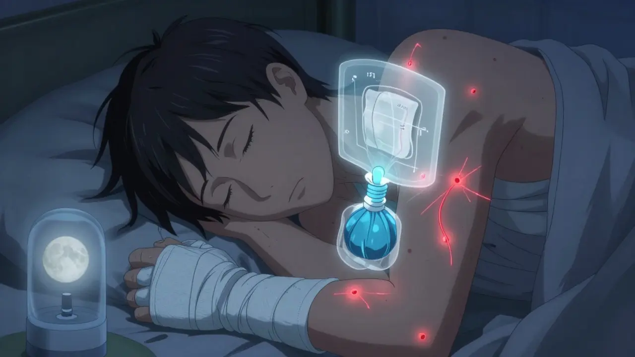 Person sleeping with itchy red lines, cooled by damp wraps and humidifier mist in moonlight.