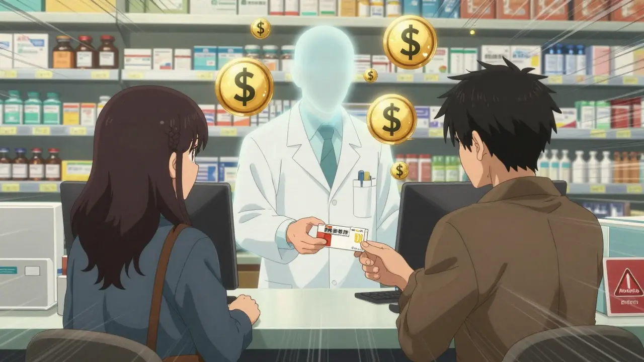 Pharmacist giving a biosimilar prescription as the original drug fades away with cost and immune symbols.
