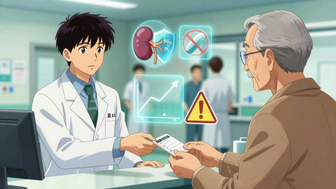 Pharmacist giving a medication card to a patient with floating kidney-safe drug icons.