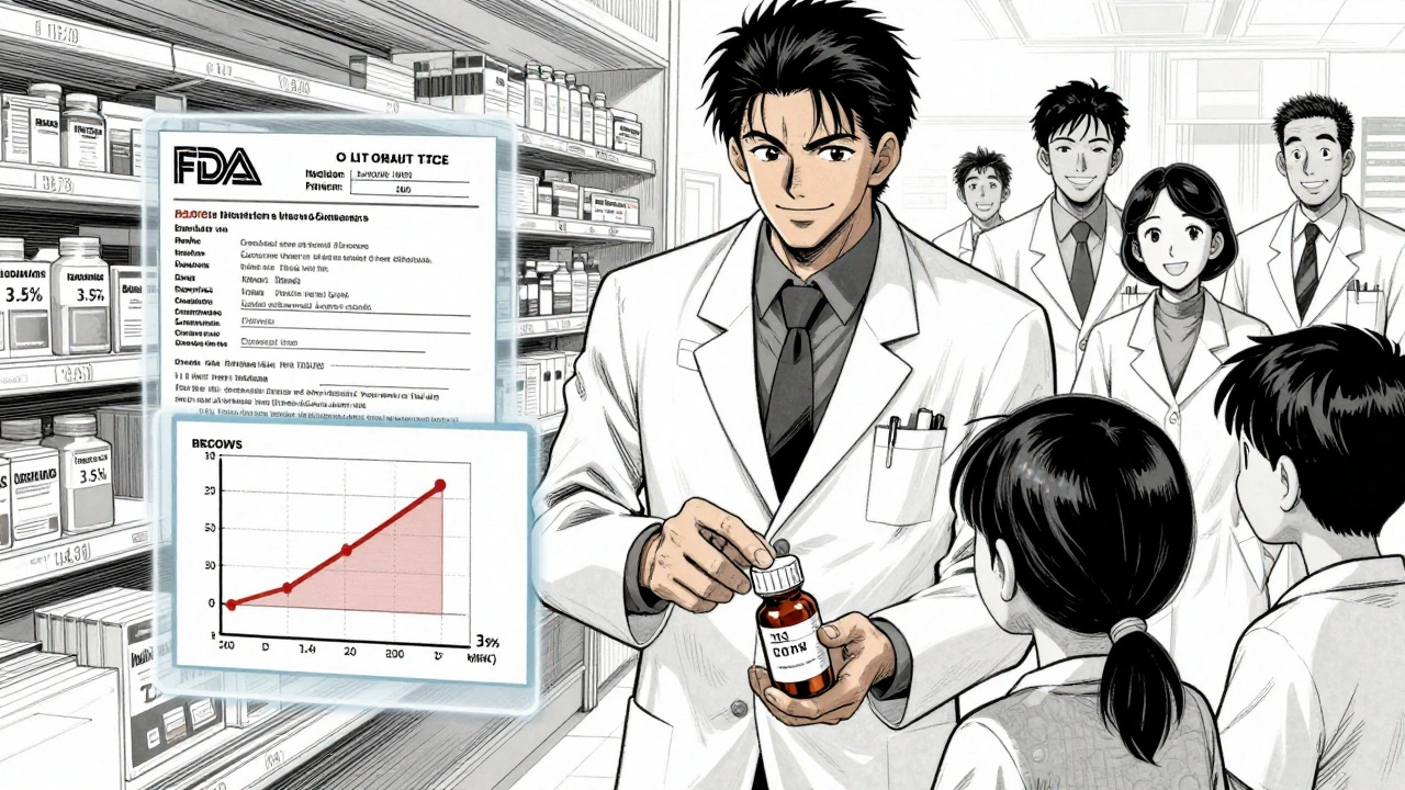 Pharmacist handing a store-brand medication to a family, with floating FDA and medical approval visuals in the background.