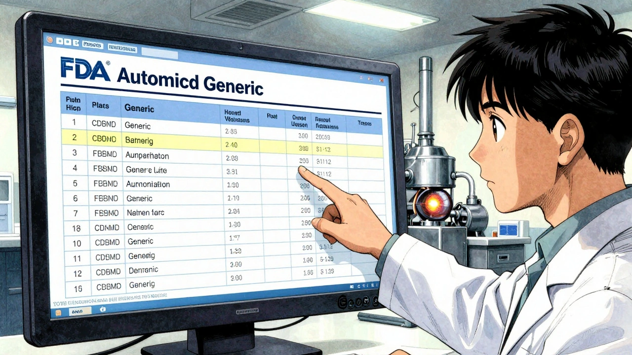 Pharmacist showing FDA authorized generic list on a screen while patient watches closely.
