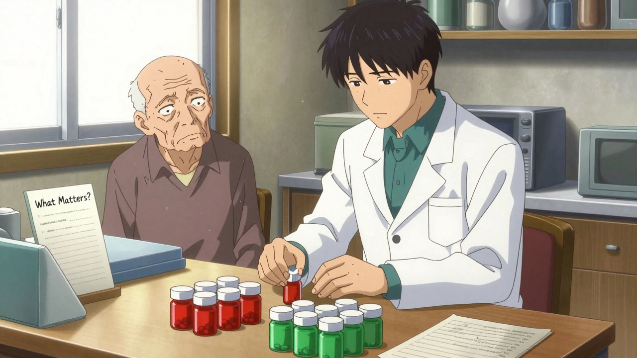 Pharmacist sorting pills at a kitchen table with elderly patient watching closely.
