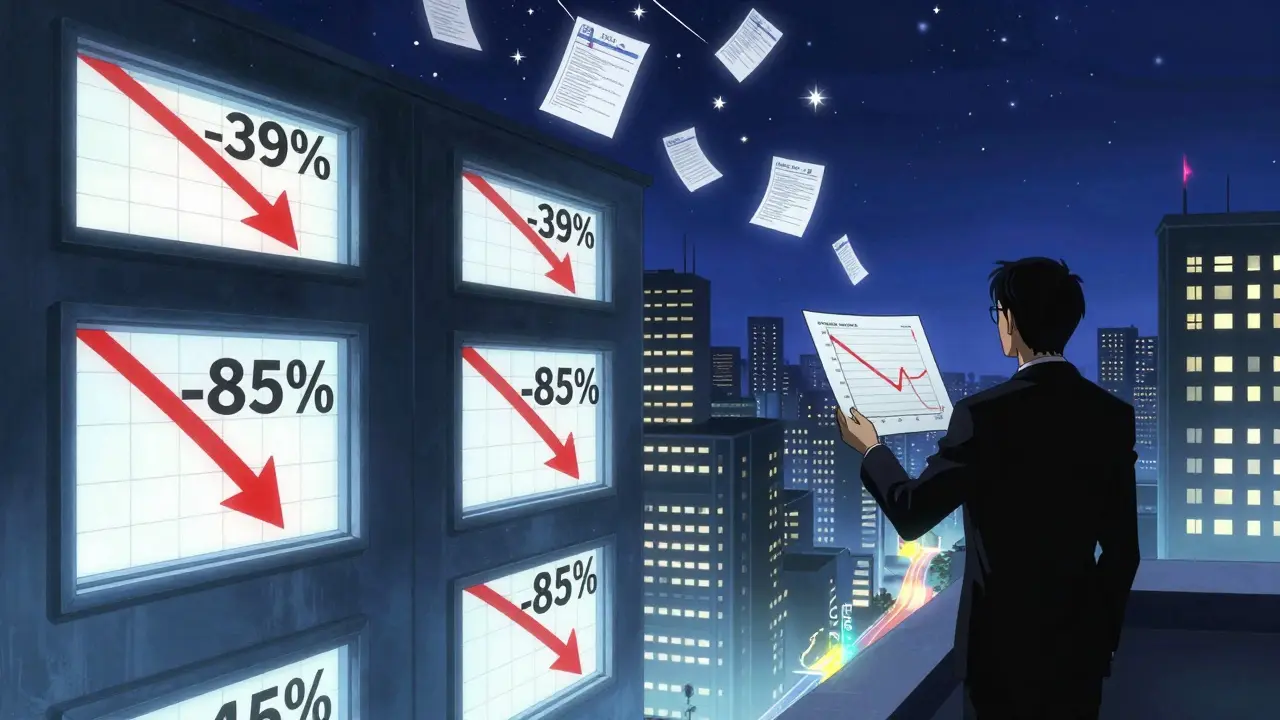 Pharmacy cityscape with plummeting drug prices as generics enter, while a brand executive watches and AI scans legal data in the sky.