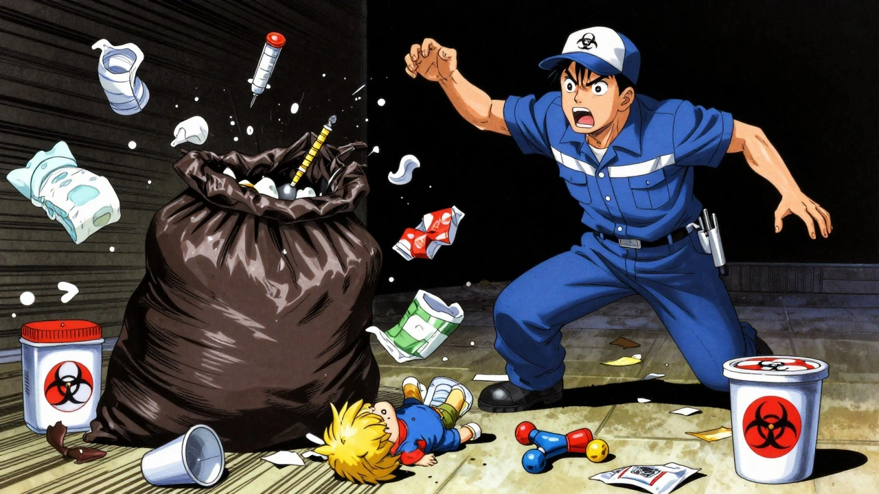 Sanitation worker shocked by a needle sticking out of trash bag