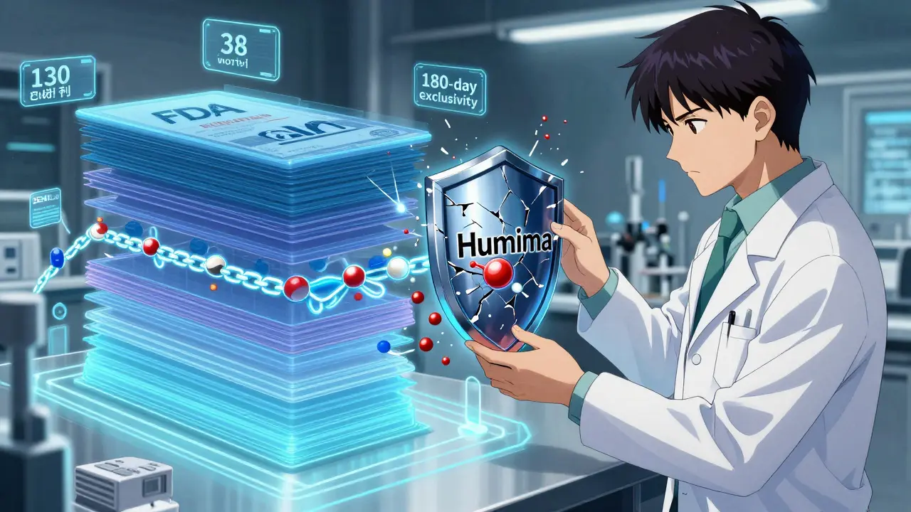 Scientist analyzing a holographic timeline of drug patents, FDA delays, and biosimilar breakthroughs in a high-tech lab.