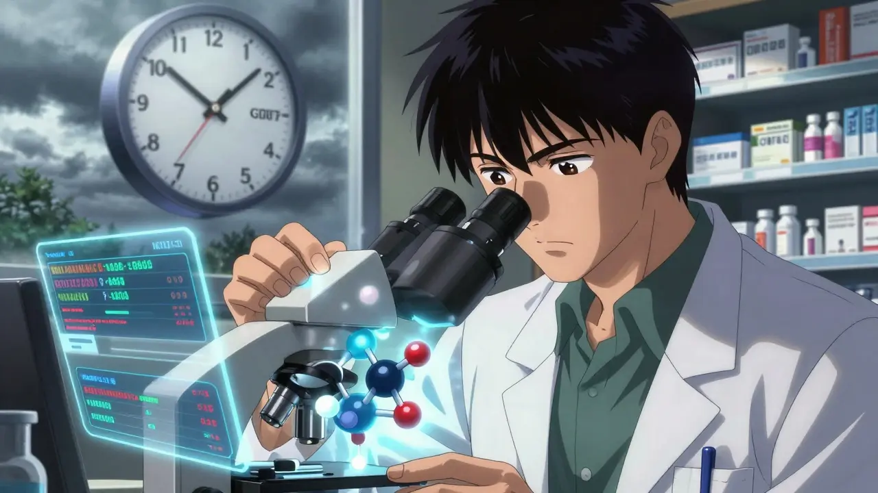 Scientist examining a glowing generic drug molecule with bioequivalence metrics and GDUFA deadline clock in background.