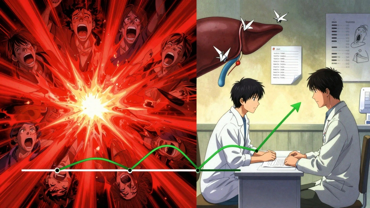 Split-panel comparison: dangerous fast dosing vs. safe slow titration of lamotrigine with valproate