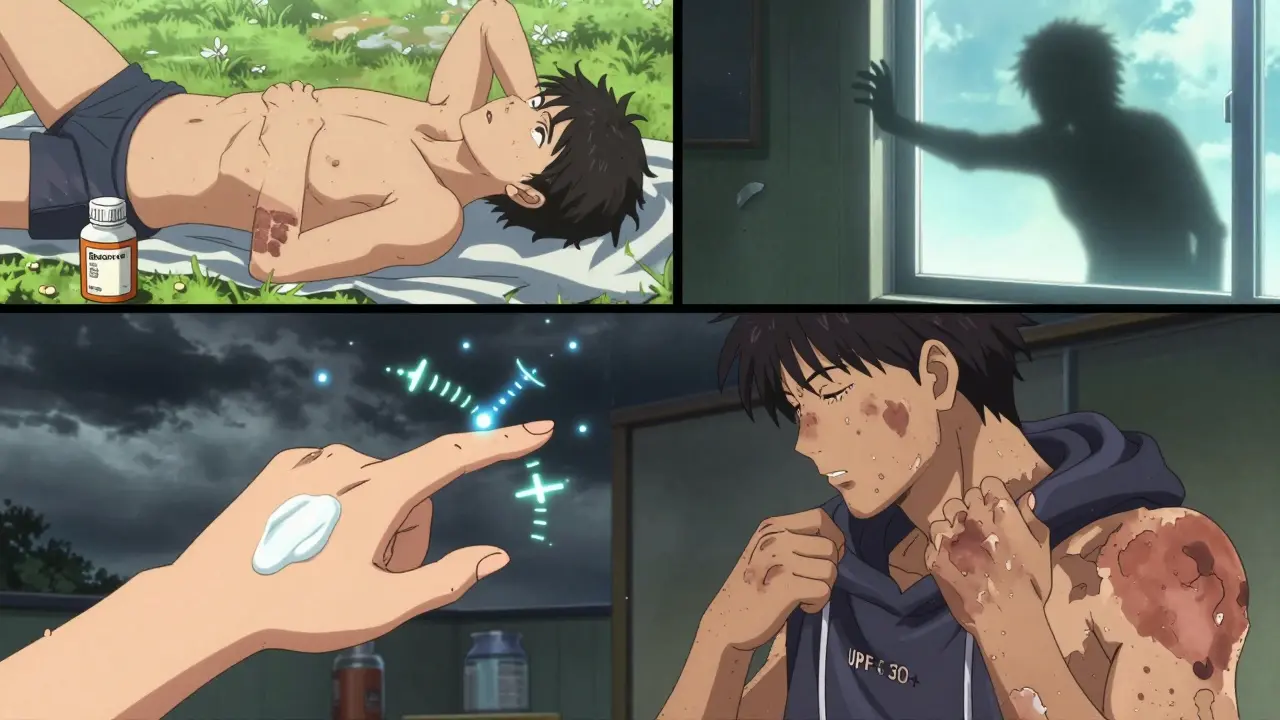 Split-panel showing progression from taking Bactrim to severe sunburn with protective measures in the center.