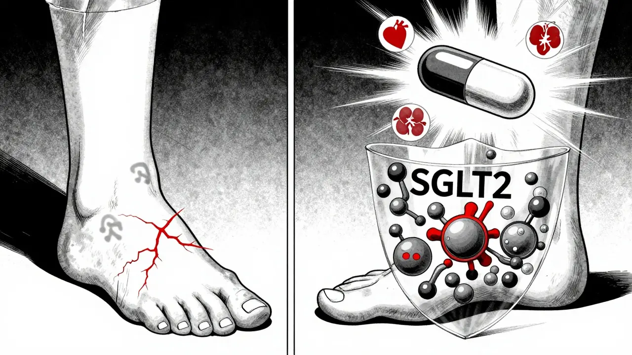 Split scene: a healed foot protected by SGLT2 molecules vs. a foot at risk of amputation, with a floating pill emitting heart and kidney icons.