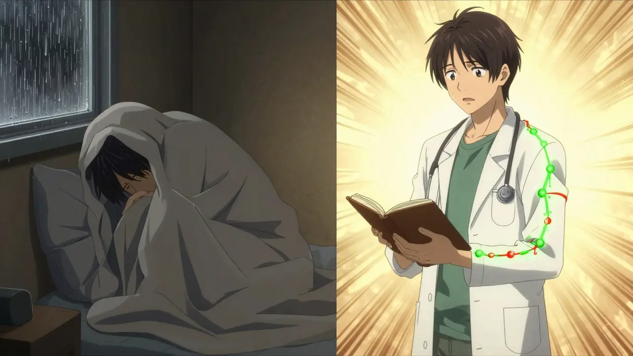 Split scene of depression and recovery with emotional light transitions, anime style.