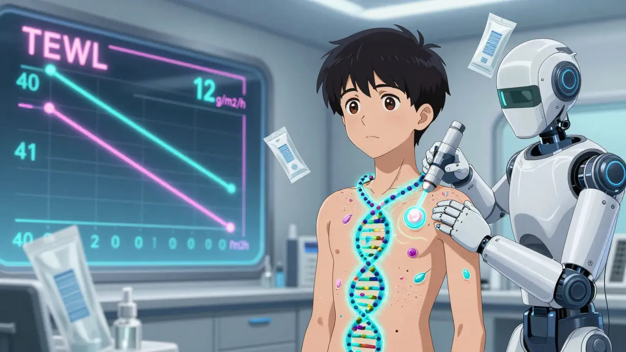 Teen's DNA mutation transformed by ceramide cream into protective skin armor in a futuristic lab.