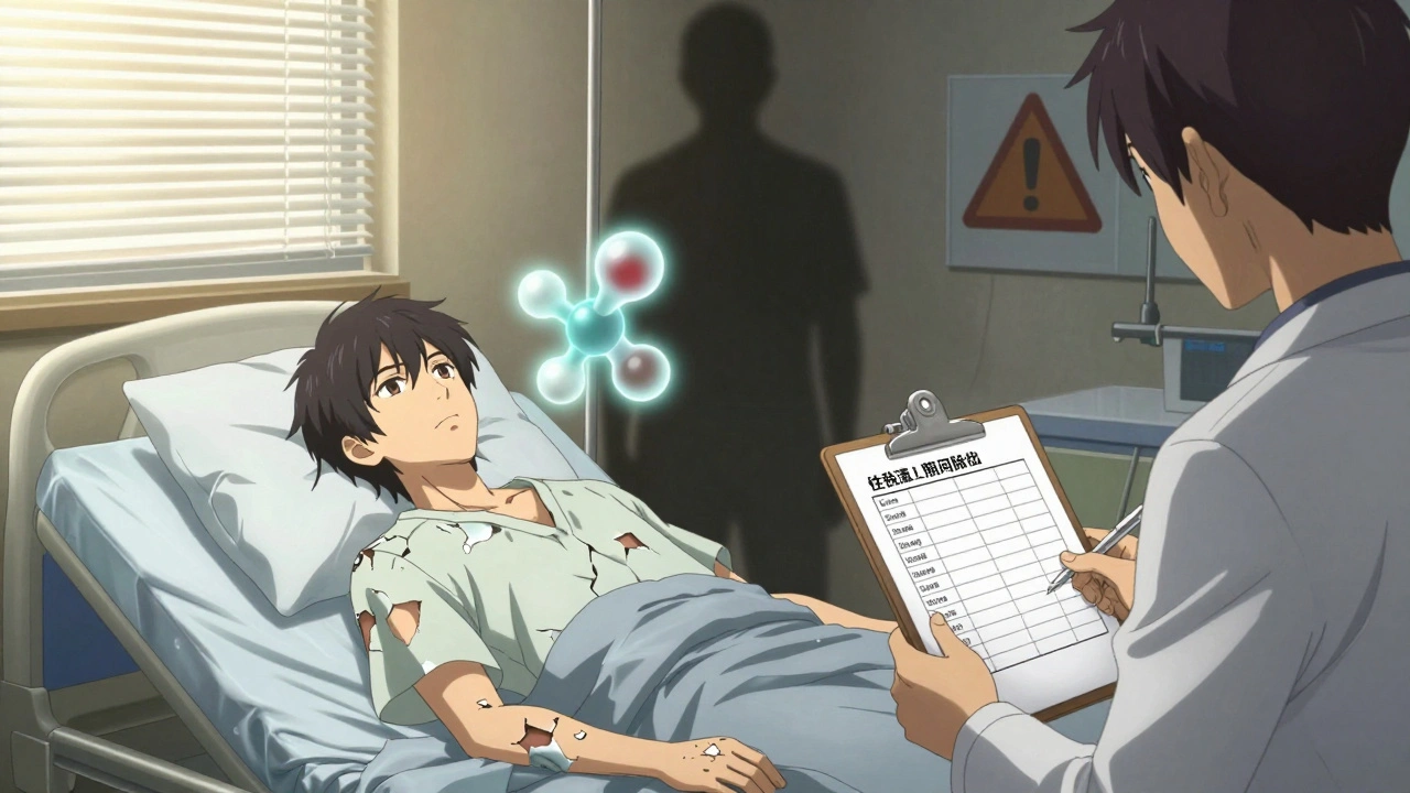 Teen in hospital with peeling skin, glowing lamotrigine molecule, and doctor holding correct dosing plan