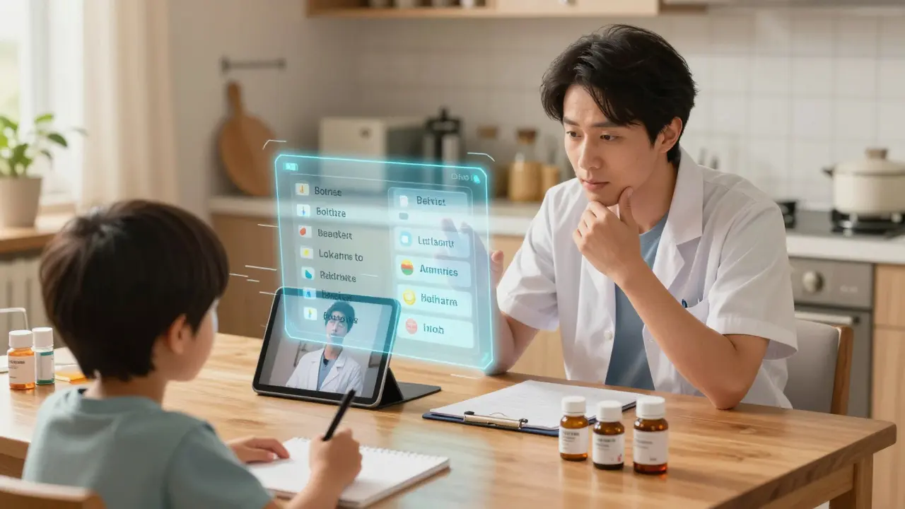 Video call between pharmacist, patient, and family member with floating medication info in a home setting.