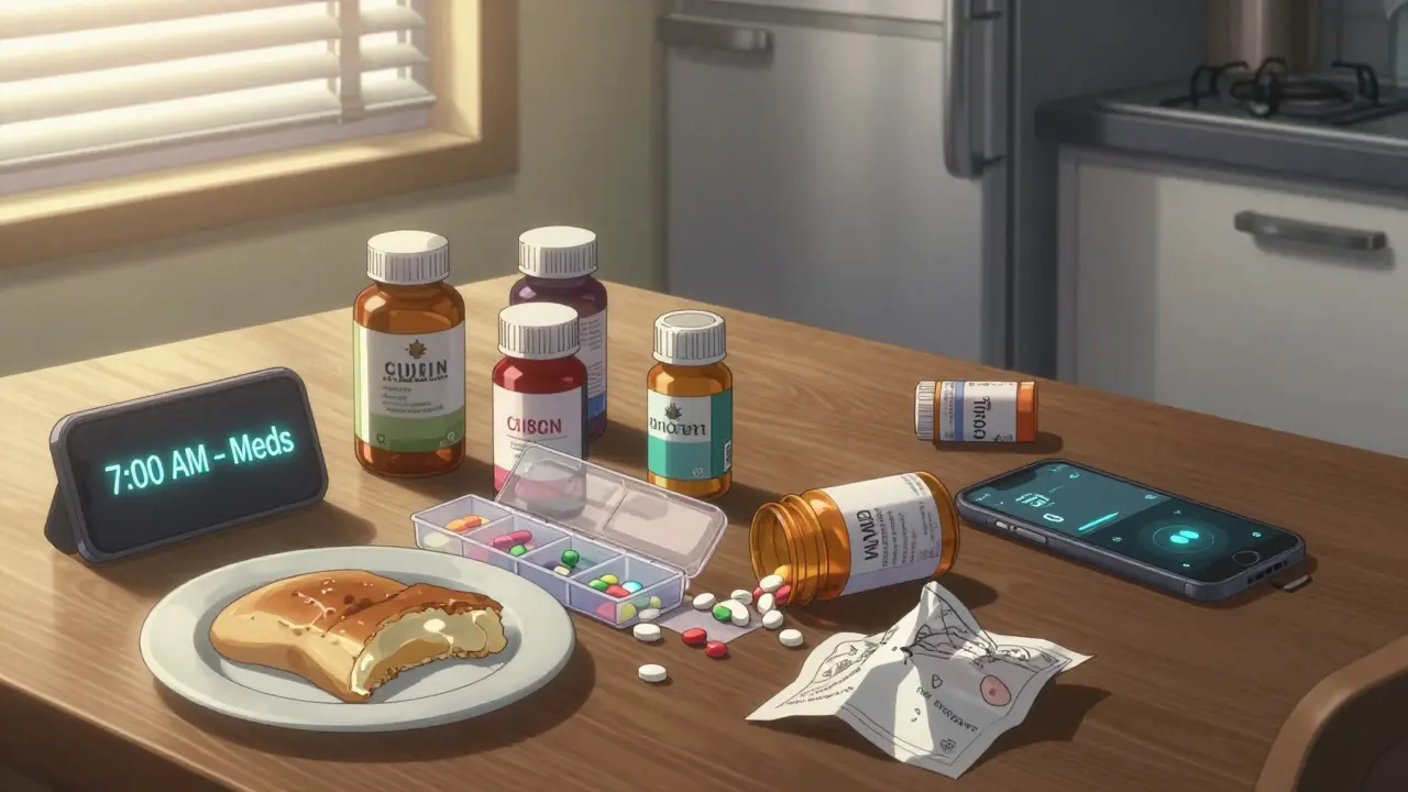A cluttered kitchen table with multiple pill bottles, a spilled organizer, and an alarm showing medication time at dawn.