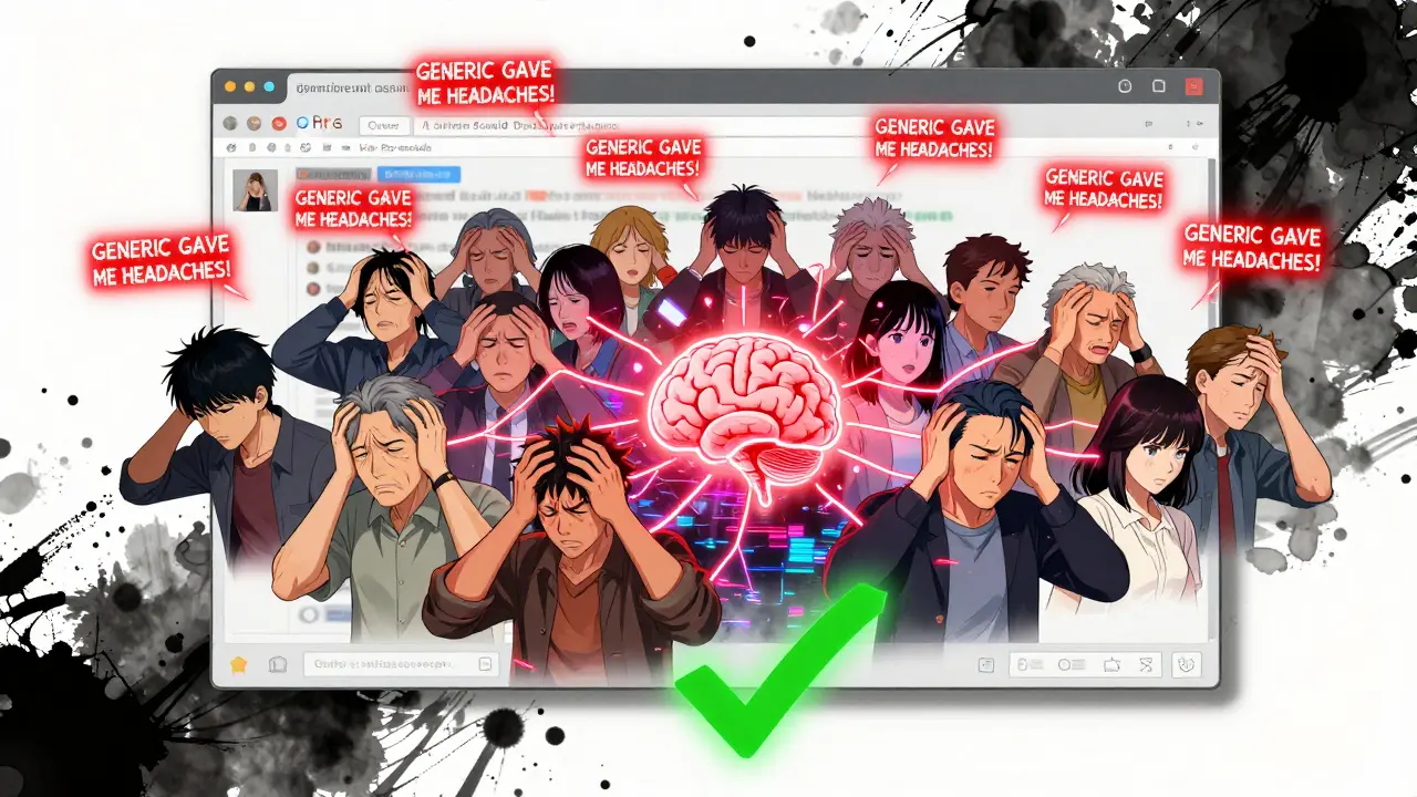 A digital forum of fearful comments connects to people in pain, with a fading green checkmark of hope.