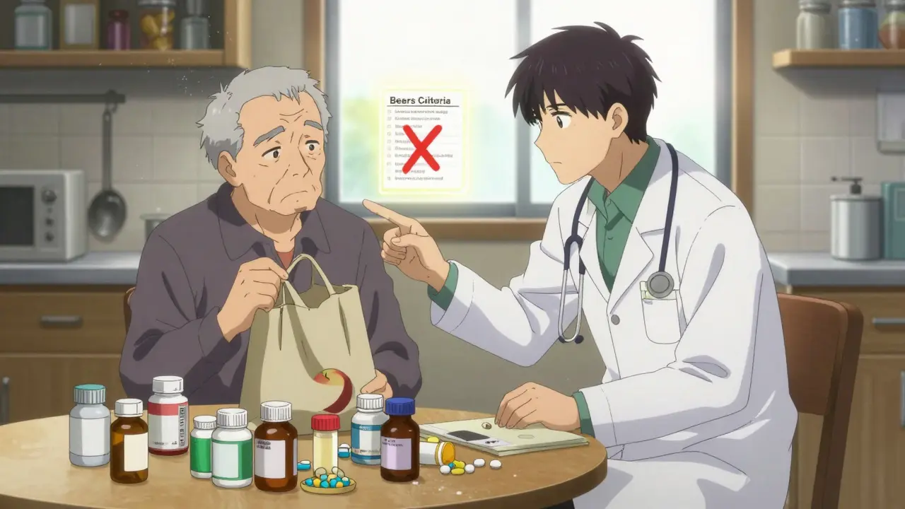 A doctor and elderly patient reviewing dozens of pill bottles on a kitchen table, with a grocery bag and medical checklist visible.