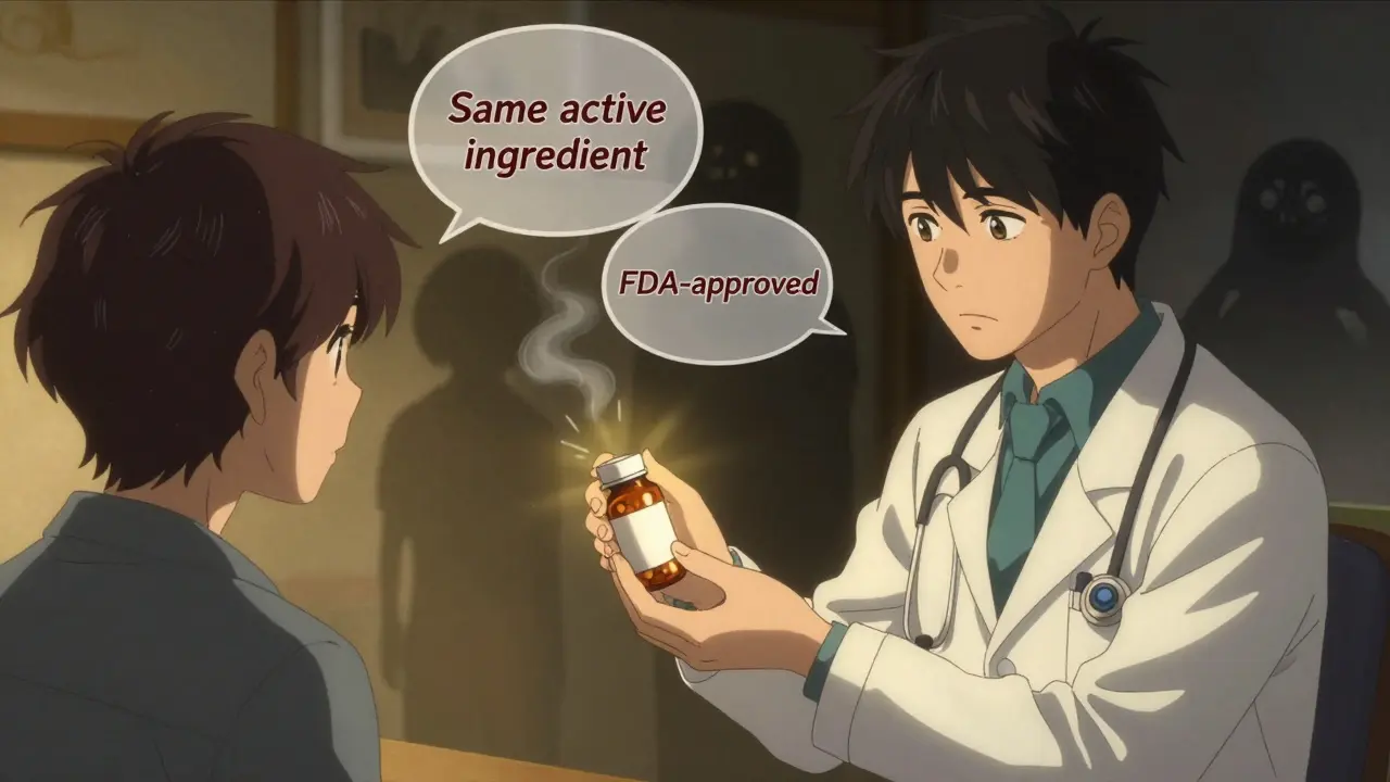 A doctor hands a patient a pill bottle radiating warm light, conveying trust and equivalence.