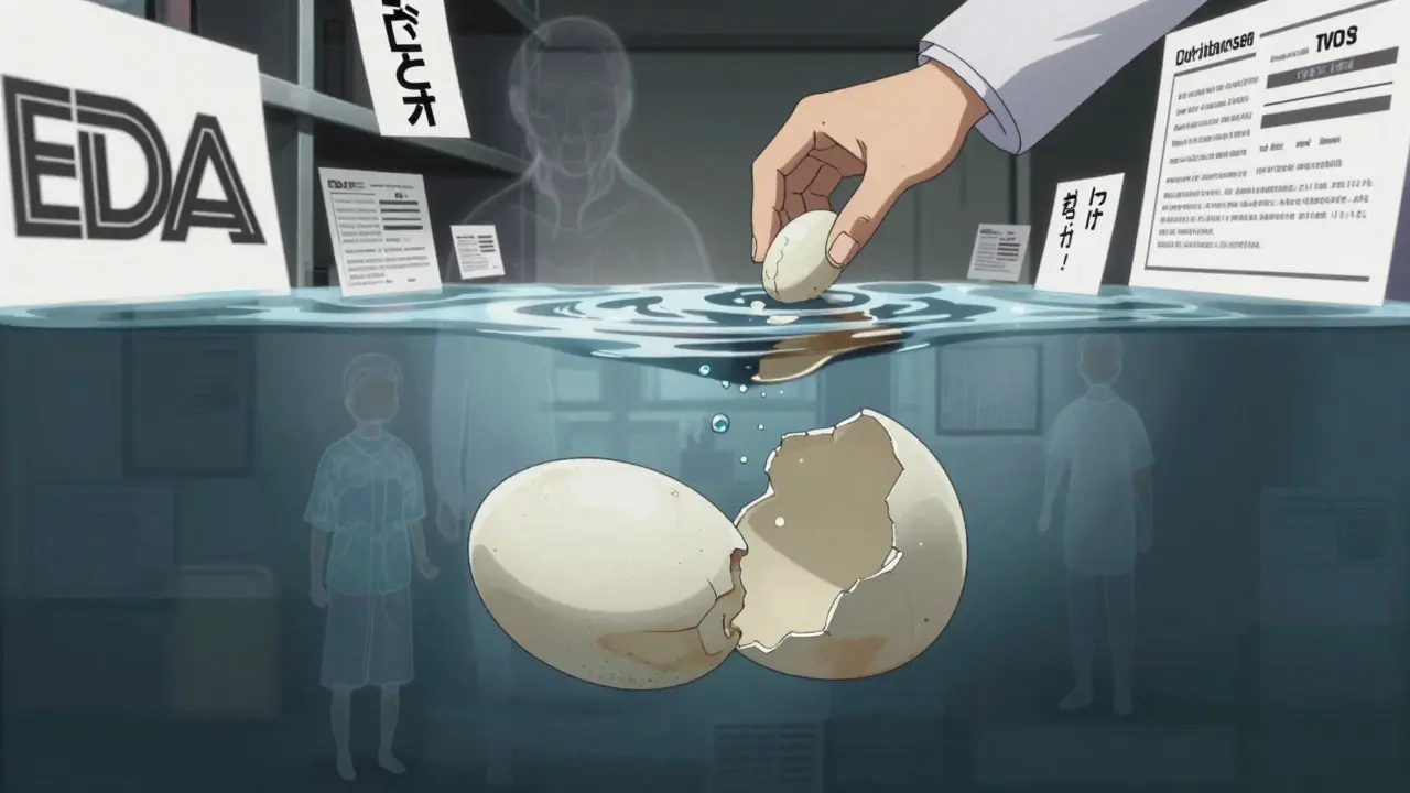 A faulty generic pill dissolving unevenly in water with patient silhouettes in background.