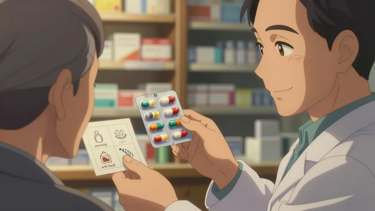 A pharmacist hands an elderly patient a simplified monthly pill pack with clear visual instructions, golden light illuminating the moment.