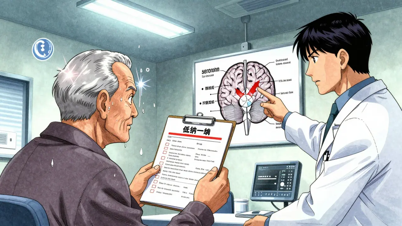 An elderly patient and doctor reviewing a blood test showing low sodium, with serotonin overload visualized as electric sparks.