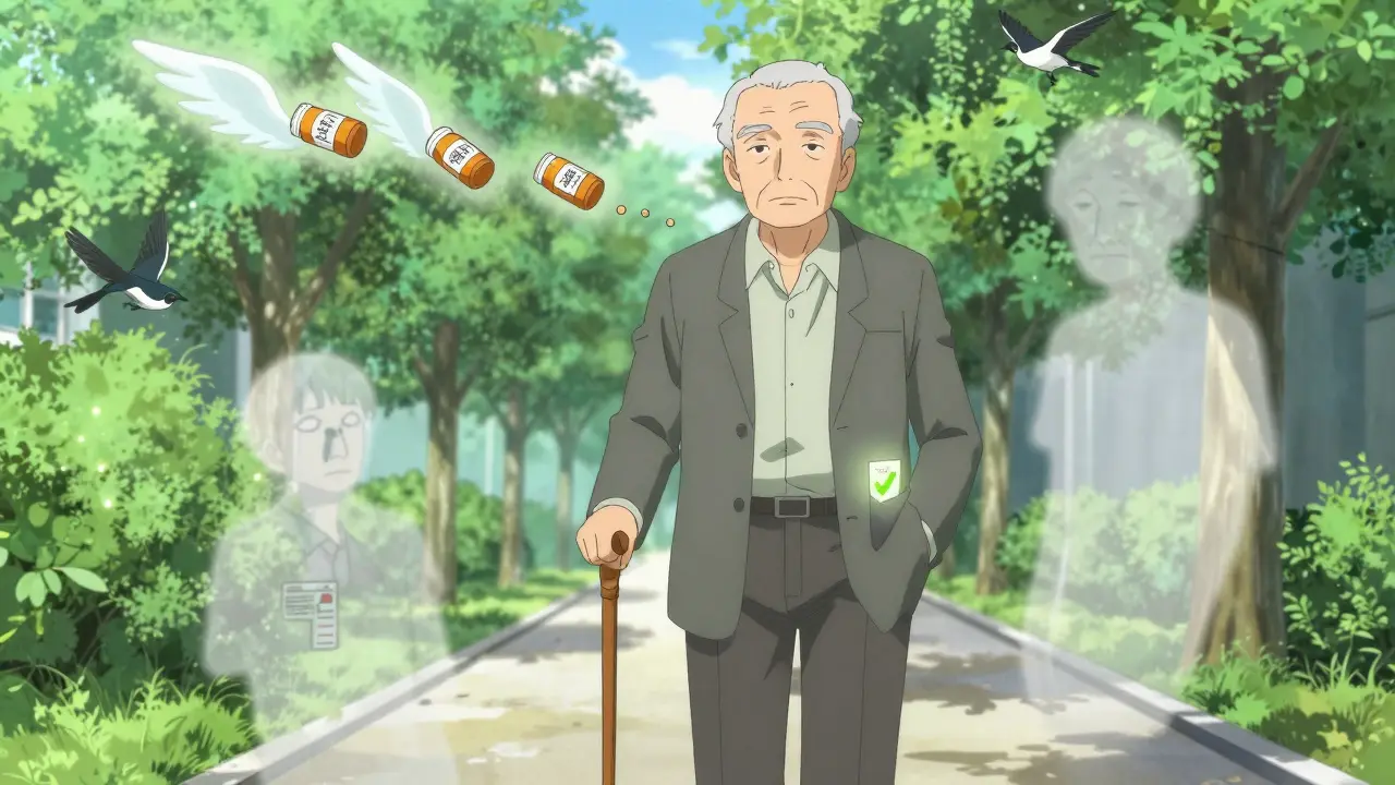 An older man walking confidently as unused pill bottles fade away behind him, symbolizing improved health and balance.