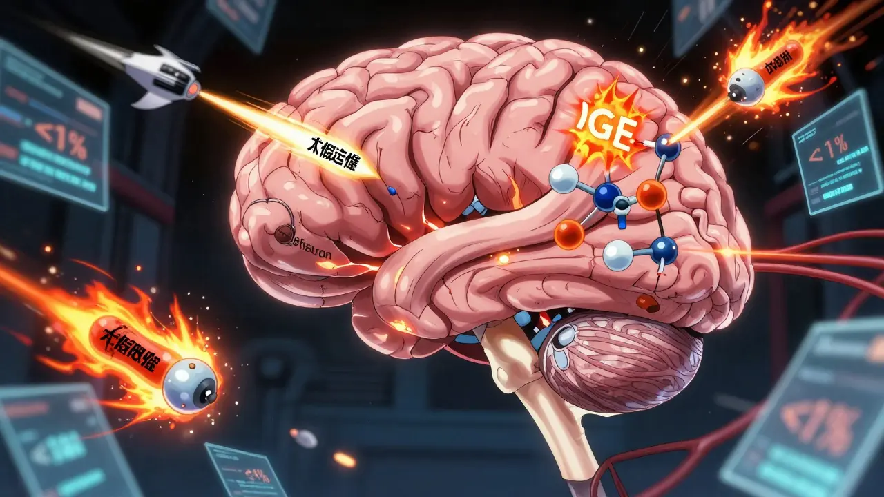 Cephalosporin molecules flying through body vessels, avoiding allergic antibodies, while unsafe antibiotics explode in background.