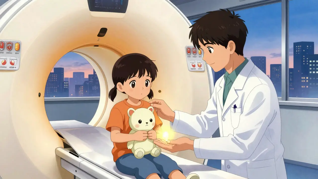 Child receiving CT scan with glowing pill and safety icons, calm technician beside them under golden hour light.