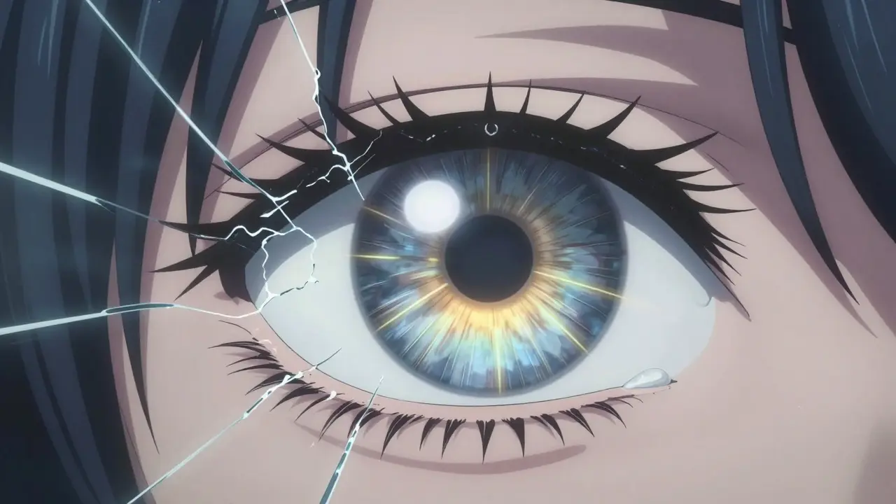 Close-up of an eye with a rigid contact lens smoothing a cone-shaped corneal distortion.